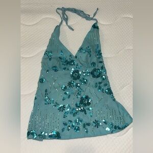 Teal Sequin Halter Top